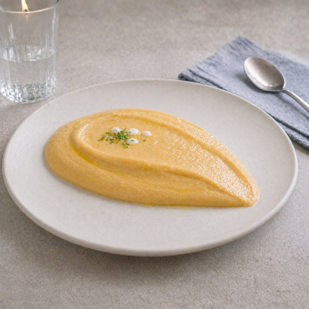 Puré de merluza con zanahoria y arroz en forma de lágrima suave